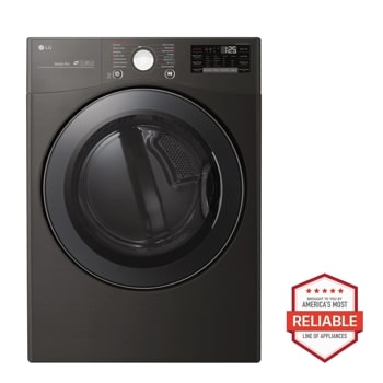 Front view of the 7.4 cu.ft. Smart wi-fi Enabled Gas Dryer with TurboSteam™ - DLGX3901B. Includes a graphic logo that says, Brought to you by America's Most Reliable Line of Appliances.
1
