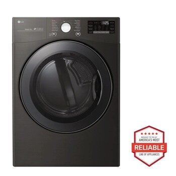 Front view of the 7.4 cu.ft. Smart wi-fi Enabled Gas Dryer with TurboSteam™ - DLGX3901B. Includes a graphic logo that says, Brought to you by America’s Most Reliable Line of Appliances.

