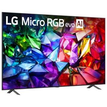 86-Inch LG Micro RGB evo AI 4K QNED TV 86MRGB95BUA displaying vibrant colorful crystal-like imagery - Side Angle