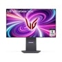 LG 32GS95UE-B UltraGear OLED Gaming Monitor displaying vibrant purple swirl pattern with red logo on adjustable stand - Front View