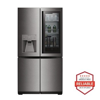 Front view of the LG SIGNATURE 31 cu. ft. Smart wi-fi Enabled InstaView® Door-in-Door® Refrigerator - URNTS3106N. Includes a graphic logo that says, Brought to you by America’s Most Reliable Line of Appliances.