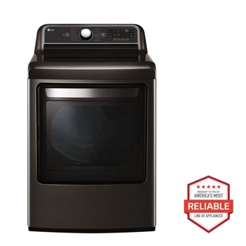 Front view of the 7.3 cu.ft. Smart wi-fi Enabled Electric Dryer with TurboSteam™ - DLEX7900BE. Includes a graphic logo that says, Brought to you by America's Most Reliable Line of Appliances.
1