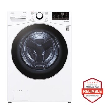 Front view of the 4.5 cu. ft. Ultra Large Capacity Smart wi-fi Enabled Front Load Washer with Built-In Intelligence & Steam Technology - WM3600HWA. Includes a graphic logo that says, Brought to you by America’s Most Reliable Line of Appliances.