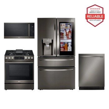 LG Kitchen Package with LRMVC2306D, LSGL6335Z, MVEM1825Z, LDNTM545D, featuring America's Most Reliable Line of Appliances, Front View