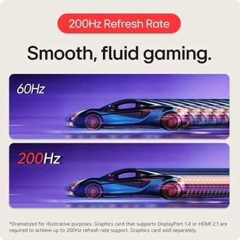 200hz refresh rate
smooth,fluid gaming
60hz
200hz
Dramatized for illustrative purposes. Graphics card that supports DisplayPort 1.4 or HDMI 2.1 are required to achieve up to 200HZ refresh rate support. Graphics card sold separately.
