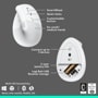 Logitech 920013611 wireless mouse infographic showing SmartWheel, quiet clicks, customizable button, small/medium hand fit, multi-device connectivity, 2-year battery life, and USB receiver storage