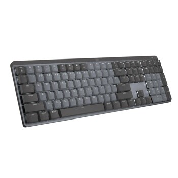Logitech 920010549 wireless keyboard with slim dark gray design featuring standard QWERTY layout and numeric keypad - Angled view