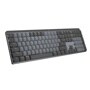 Logitech 920010549 wireless keyboard with slim dark gray design featuring standard QWERTY layout and numeric keypad - Angled view