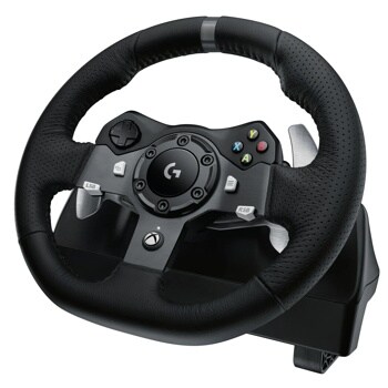Logitech 941000121 gaming racing wheel with leather grip, controller buttons, and paddle shifters - Front View