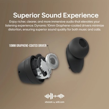 LG xboom Buds Plus with Graphene story and cascading image of 1 bud