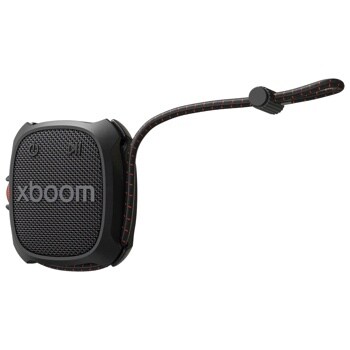 LG xboom ROCK_CNOALBK portable speaker with black mesh grille, power button, and flexible braided strap with red accents