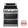 Front view of the 6.9 cu. ft. Gas Double Oven Range with ProBake Convection® and EasyClean® - LDG4313ST. Includes a graphic logo that says, Brought to you by America’s Most Reliable Line of Appliances.