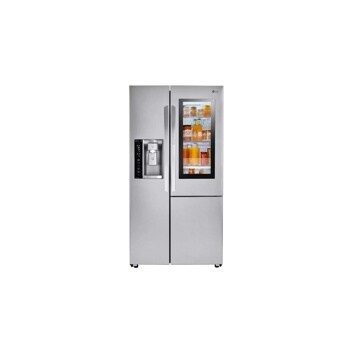 Front view of the 26 cu.ft. Smart wi-fi Enabled InstaView™ Door-in-Door® Refrigerator - LSXS26396S. Includes a graphic logo that says, Brought to you by America’s Most Reliable Line of Appliances.