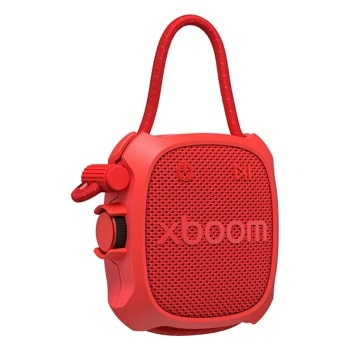 LG xboom ROCK_CNOALRE portable speaker in red with mesh grille and carrying strap
