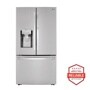 Front view of the 24 cu. ft. Smart wi-fi Enabled Door-in-Door® Counter-Depth Refrigerator with Craft Ice™ Maker - LRFDC2406S. Includes a graphic logo that says, Brought to you by America’s Most Reliable Line of Appliances.