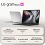 LG gram Book AI 14U40V-H.AR51U3 laptop infographic showing ultra-portable design with 0.6 inch thin 2.9 lbs lightweight build, Windows 11 Home Copilot OS, Intel Core Processor CPU, 14 inch IPS Touchscreen 16:10 WUXGA 1920 x 1200 Display, Up to 100% sRGB Color gamut, Full HD webcam With privacy shutter Camera