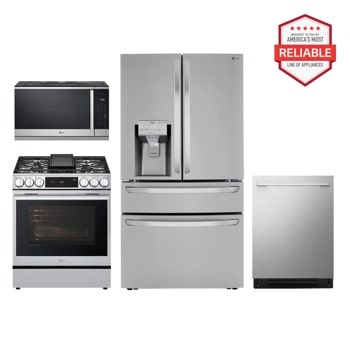 Group shot of an LG Refrigerator, dishwasher, microwave and electric range. "America's Most Reliable Line of Home Appliances" badge.1