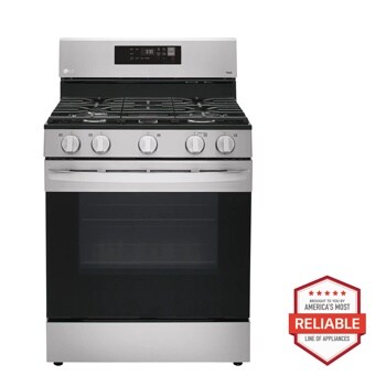 LG LFCS22520S gas range with control panel and oven, America's Most Reliable line of appliances badge Front View
