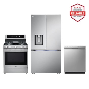26 cu. ft. Smart Counter-Depth MAX™ French Door Refrigerator with Freestanding Gas Range and Front Control Dishwasher Kitchen Package in Stainless Steel LRYXC2606S_LRGN6325X_LDFN4542S