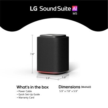 LG M5 speaker, 5.9-inch x 7.8-inch x 5.9-inch dimensions, front view