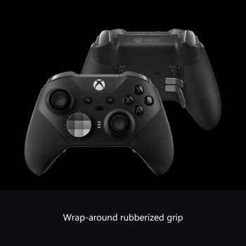 Xbox Elite Wireless Controller FST00001 showing front and back views with wrap-around rubberized grip and customizable buttons