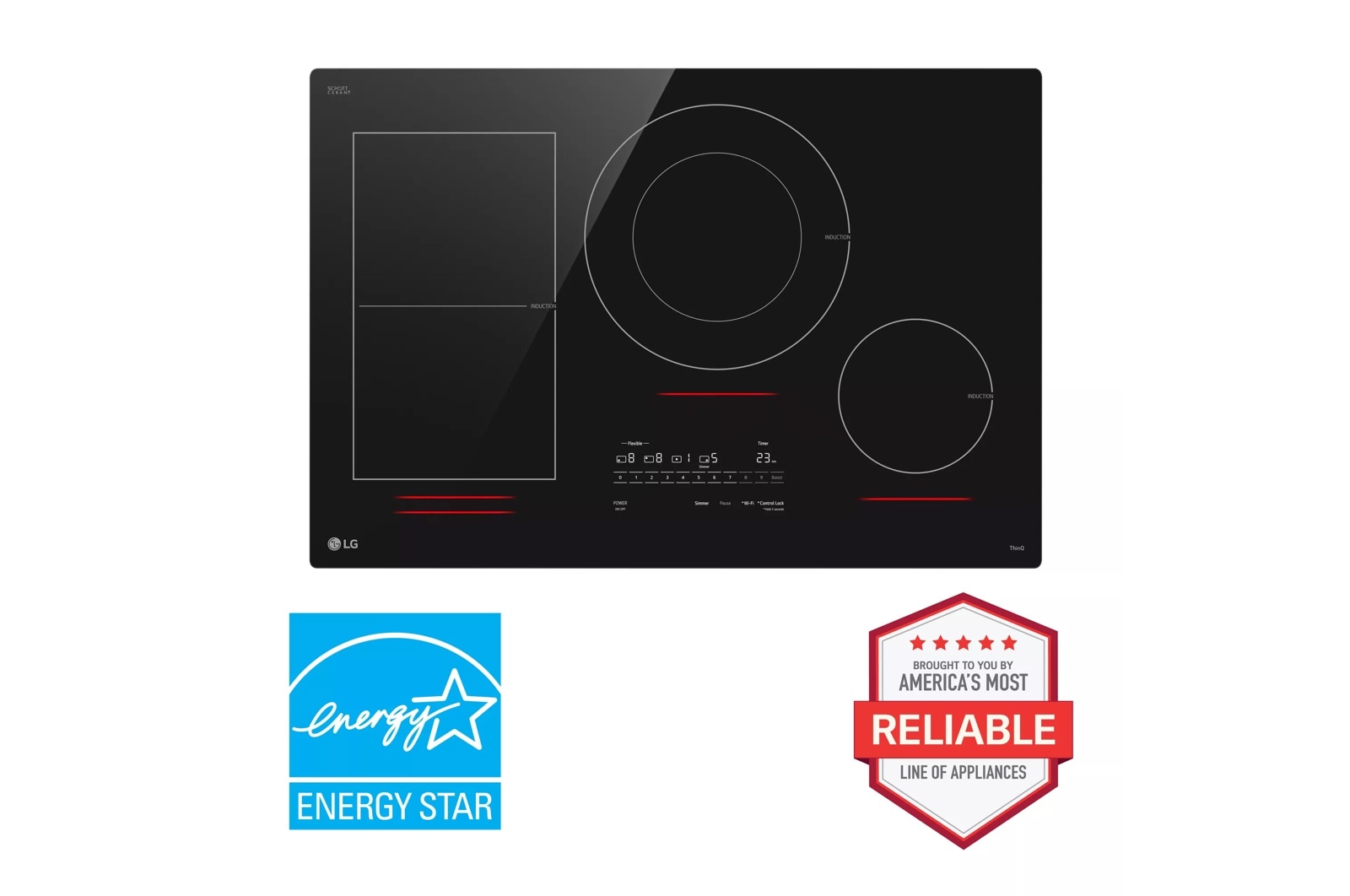 30" Induction Cooktop, 4 Elements, White Backlit, Red Bar, Bridge, ThinQ®