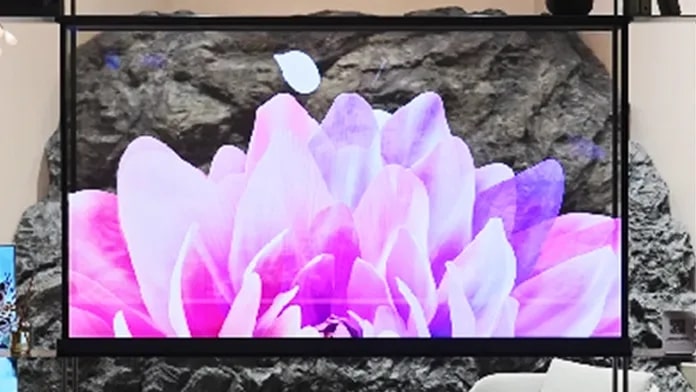 Bright OLED TV showcasing a vivid pink flower in a luxurious lounge setting with chandelier and stone accent wall.