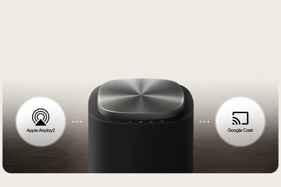 Image of the LG Sound Suite Speaker demonstratiing connection options to Apple Airplay or Google Cast for music listening.
