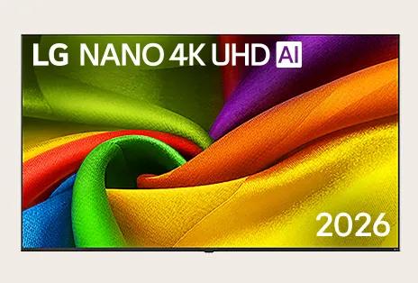 The front view of LG NANO 4K UHD AI, released in 2026, fills the screen with smooth, flowing layers of vividly colored, fabric-like textures, as curved multicolored folds spread across the display.