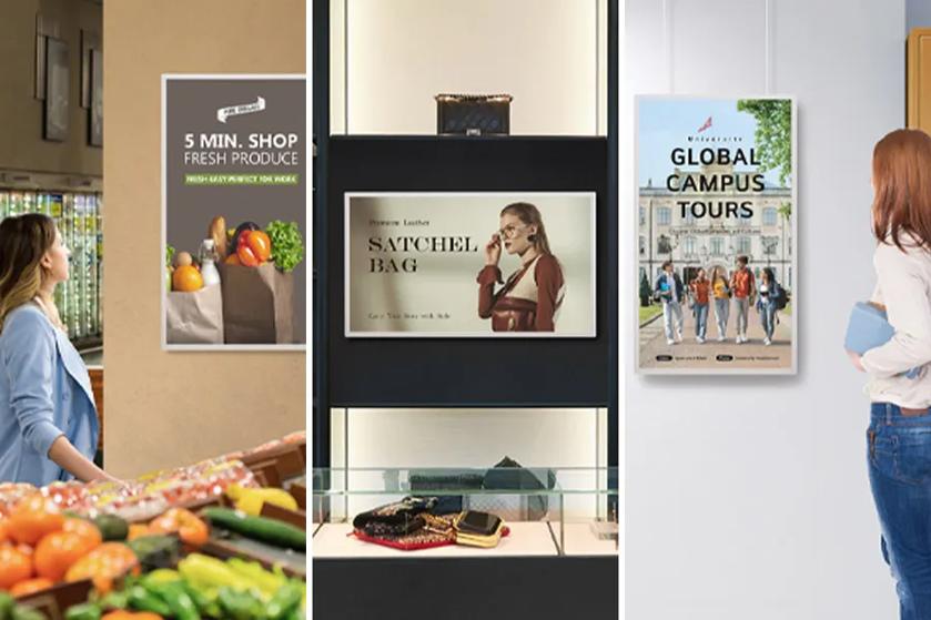 LG e-paper displays in three settings: grocery, retail, and education