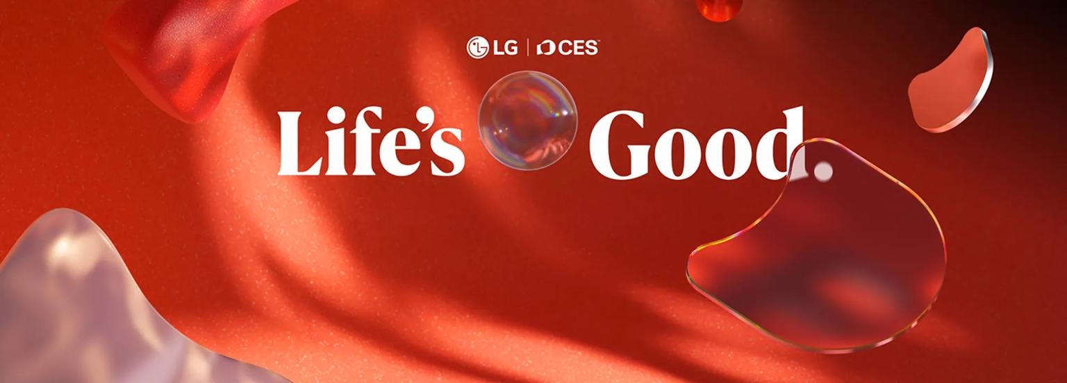 LG CES banner with the phrase ‘Life’s Good’ over a red, glossy abstract background featuring floating red shapes and a central iridescent sphere, and a headline that says, "Innovation in tune with you."