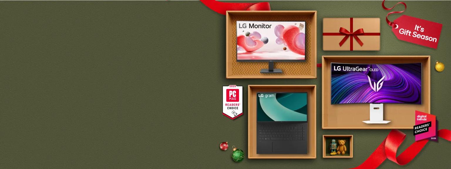 “It’s Gift Season” tag. Various LG laptops, monitors and holiday-themed items appear in a gift box collage layout. “2025 PC Mag Readers’ Choice” and “Digital Trends Readers’ Choice 2025” badge.