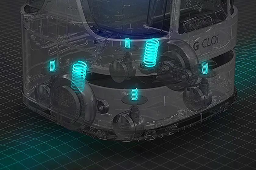 An x-ray style graphic shows a transparent view of CLOi's inner workings, with her suspension springs highlighted in blue.