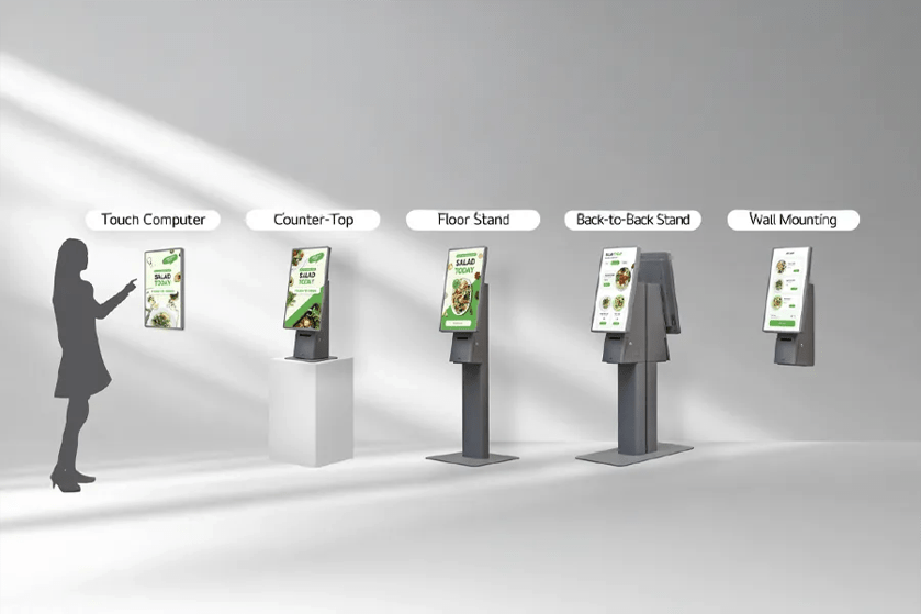 Various digital kiosk configurations displaying salad promotional content.