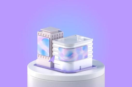 Miniature architectural model with futuristic design on a lavender background.