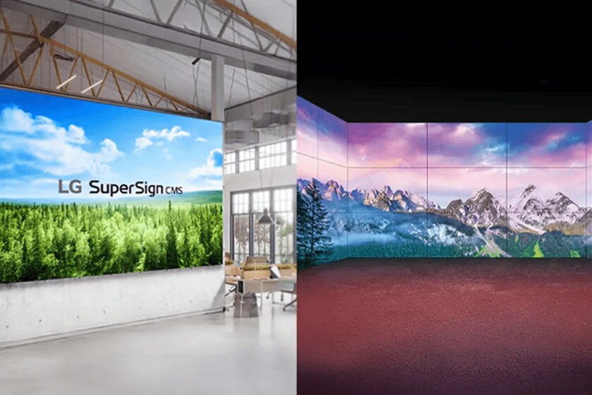 Indoor office with a large screen showing a forest image and "LG SuperSign CMS" text, alongside a room with a digital display of mountains and colorful sky.