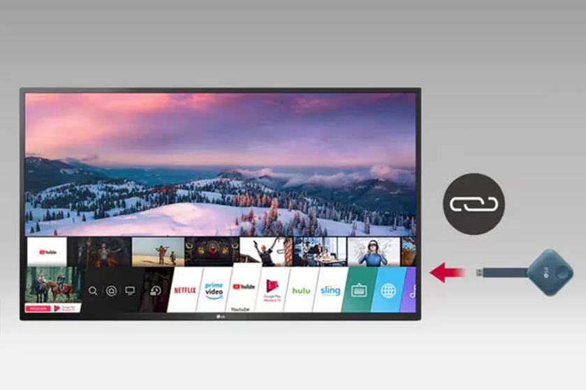A One:Quick Share next to an LG display. An arrow and an icon with interconnected chain links illustrate how easy it is to pair One:Quick Share with your LG display.