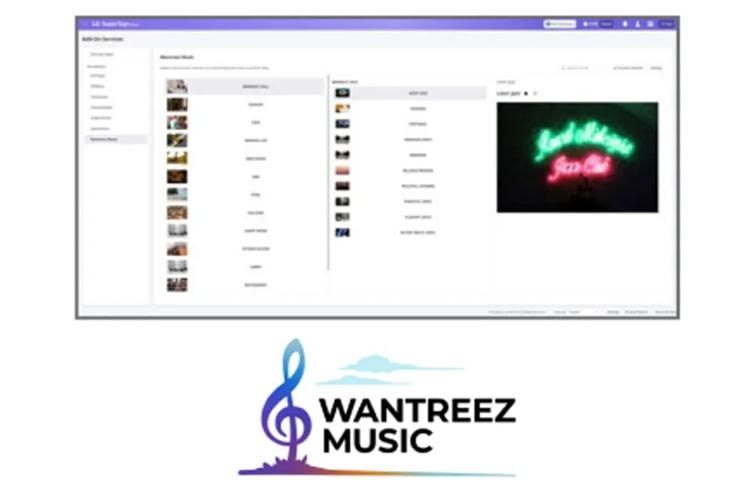 Music service interface with a logo of a blue treble clef and "WANTREEZ MUSIC."