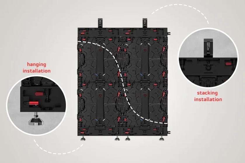 Black modular panel with hanging and stacking installation insets.