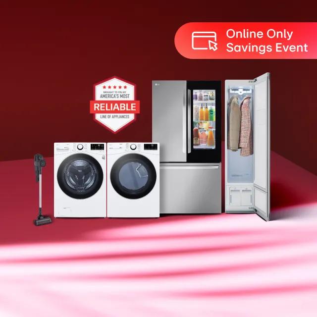 ”Online Only Savings Event” title badge. Various LG appliances appear on a red background. “America’s Most Reliable Line of Home Appliances” badge above. 