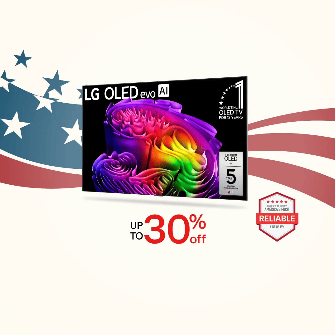 LG OLED evo AI TV Labor Day promotion, up to 30% off, with World's No. 1 OLED TV for 13 Years badge, Premium OLED G6 5 Year Limited Panel Warranty badge, and Brought to You by America's Most Reliable Line of TVs badge, displayed against a patriotic American flag background.