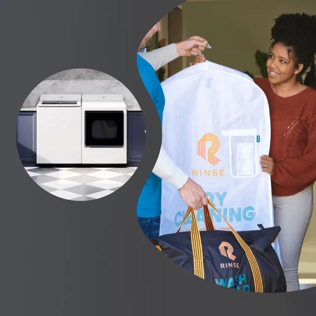A woman accepts dry cleaning delivery from delivery person. Nearby pop-out image of an LG washer and dryer. 