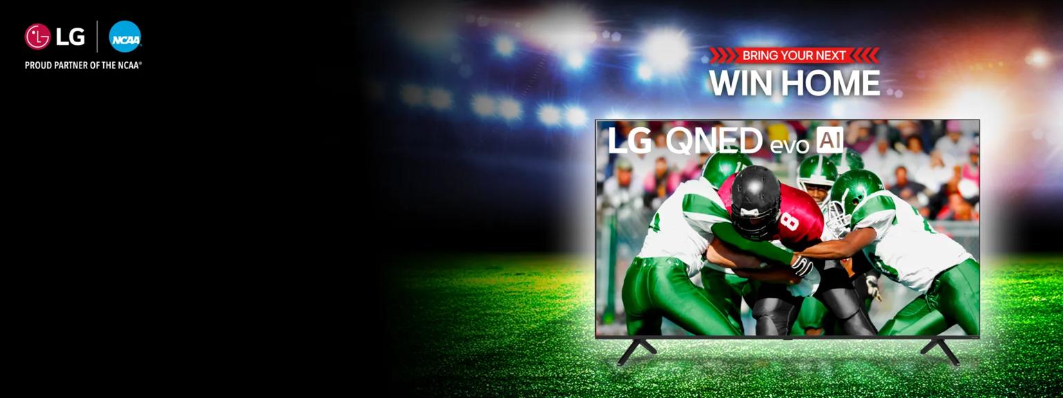 “Bring your next win home” title badge. An LG QNED TV on a football field backdrop. Players scrimmage on TV infill.