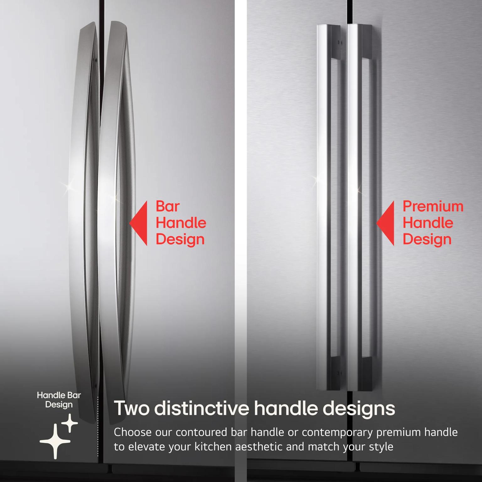 LG LRFLC2726S French Door Refrigerator handle design comparison showing bar handle and premium handle options