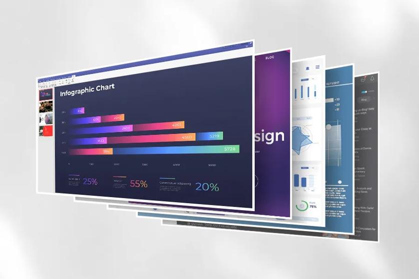 Layered digital charts and screens with infographic bars and graphs.