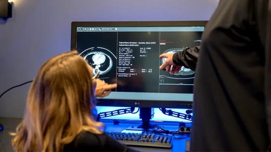 Two guests gesturing at the high contrast display of an LG medical monitor on display.