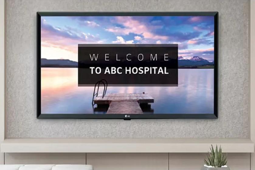LG Hospitality TV with welcome display reading 'Welcome to ABC Hospital'.