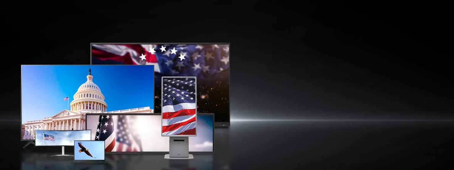 LG monitors, signage, and laptop on a dark background, with images of the American Flag and US capitol on their displays