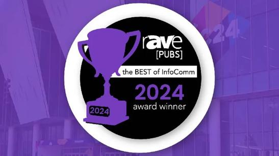 A logo with a purple trophy and text on a black and white circular background.

Transcribed Text:

rave [PUBS]
the BEST of InfoComm
2024 award winner
2024