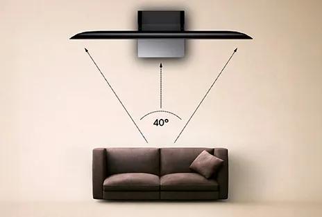 LG TV size recommendation visualizes a 40-degree viewing angle from the sofa toward the TV, highlighting the ideal screen positioning and immersive viewing experience in a modern living room scene.